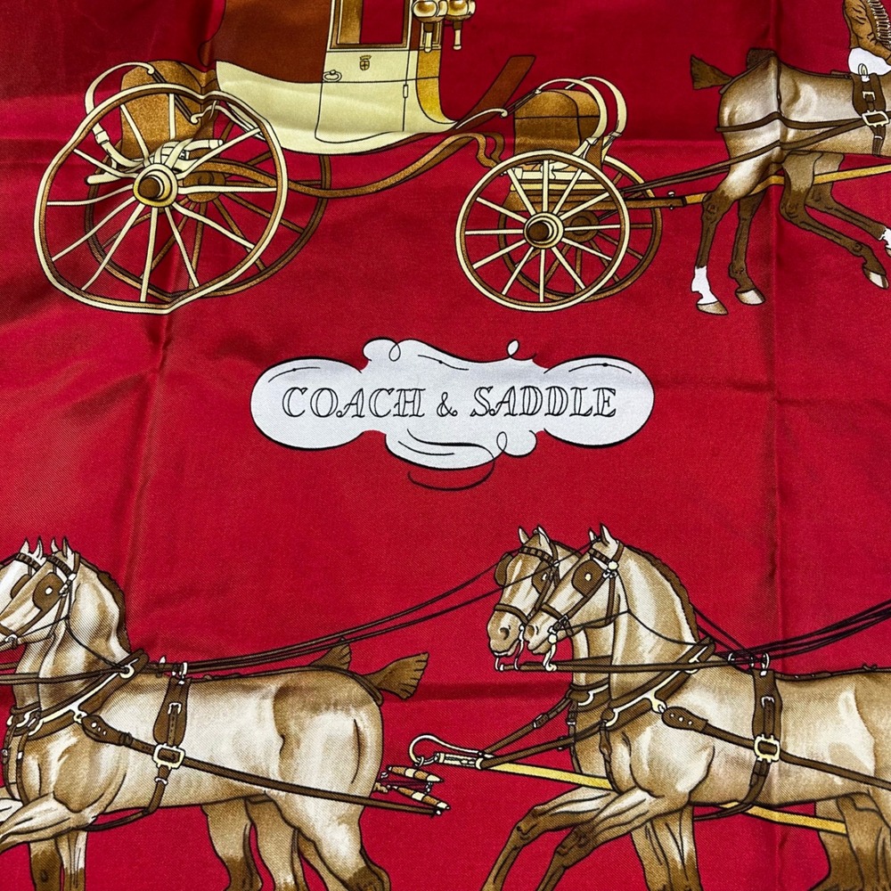 Hermes Paris Coach and Saddle Silk Scarf Red‎ Horse Carriage Designer Luxury - Picture 2 of 8